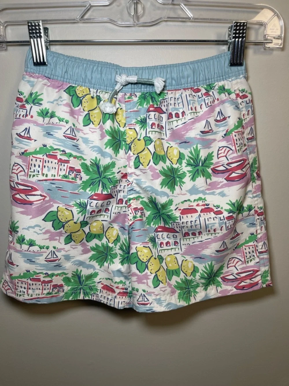 Mini Boden Pastel Coastal Print Swim Shorts in Light Blue, Yellow & Green